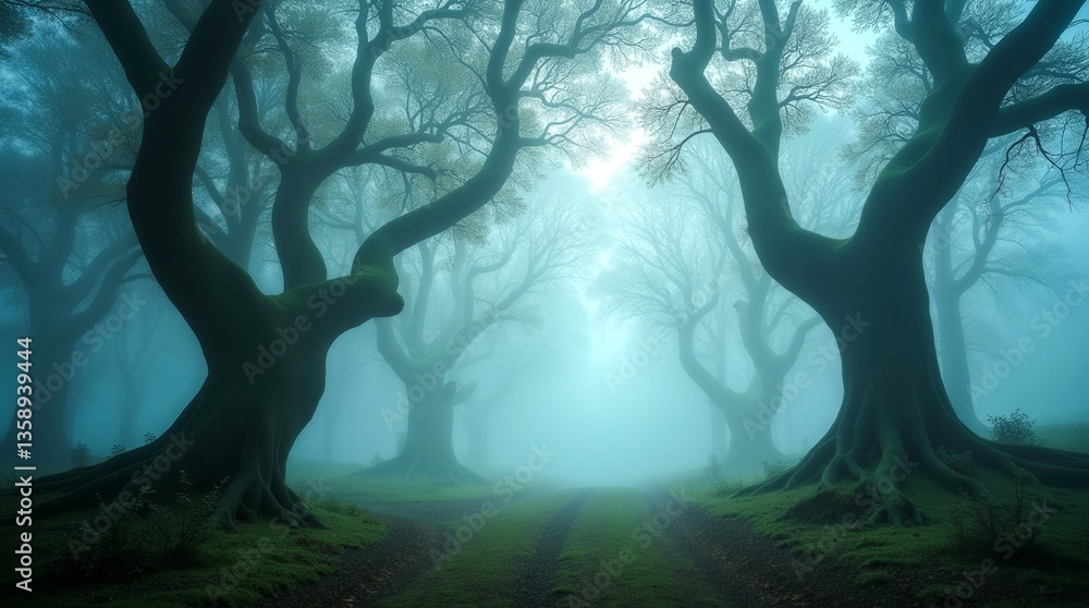 Poster a forest with two trees in the foreground and a road in the background. the trees are tall and the s