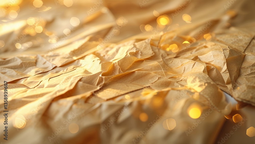 Poster crumpled paper background with soft golden bokeh lights creating a warm and inviting atmosphere