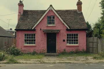 Charming countryside house in pink brick nestled in natural surroundings under soft light emphasizing rustic architecture calm lifestyle and historic charm in picturesque residential landscape
