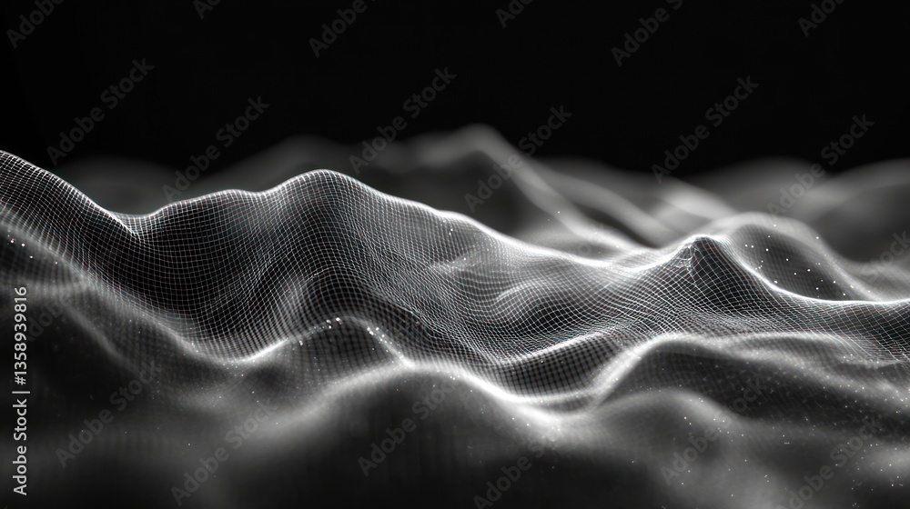 Poster abstract monochrome landscape with a mesh network and twinkling spots creating a sense of depth and 