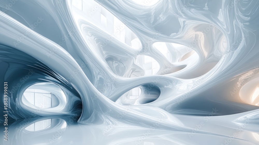 Poster abstract futuristic organic architecture flowing white structure with light reflects creating a surr
