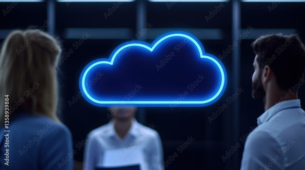 Aufkleber cloud base file storage business team collaborates on project with glowing cloud icon