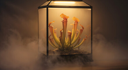 Carnivorous plants in a terrarium in the fog, Tall pitcher plants in a stylish terrarium with a misty background