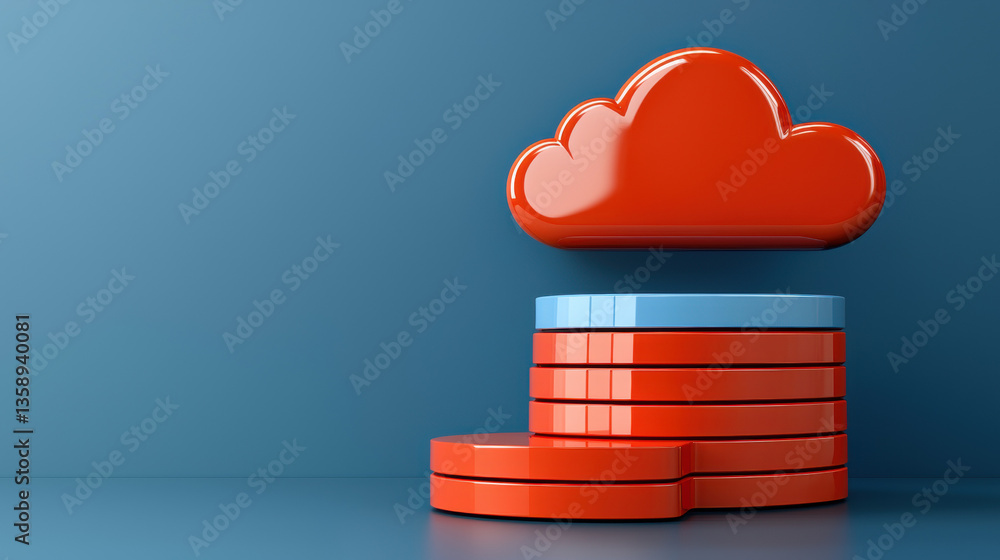 Poster cloud base file storage red cloud icon above stacked disks symbolizes cloud storage technology