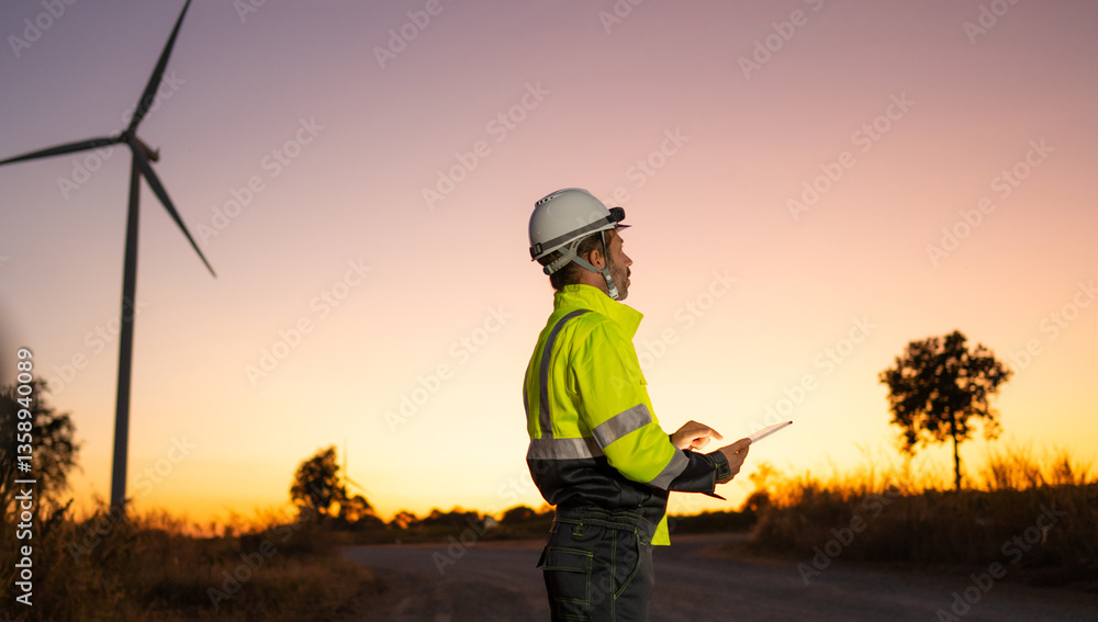 Aufkleber engineer man working with tablet at windmill farm generating electricity clean energy. wind turbine 