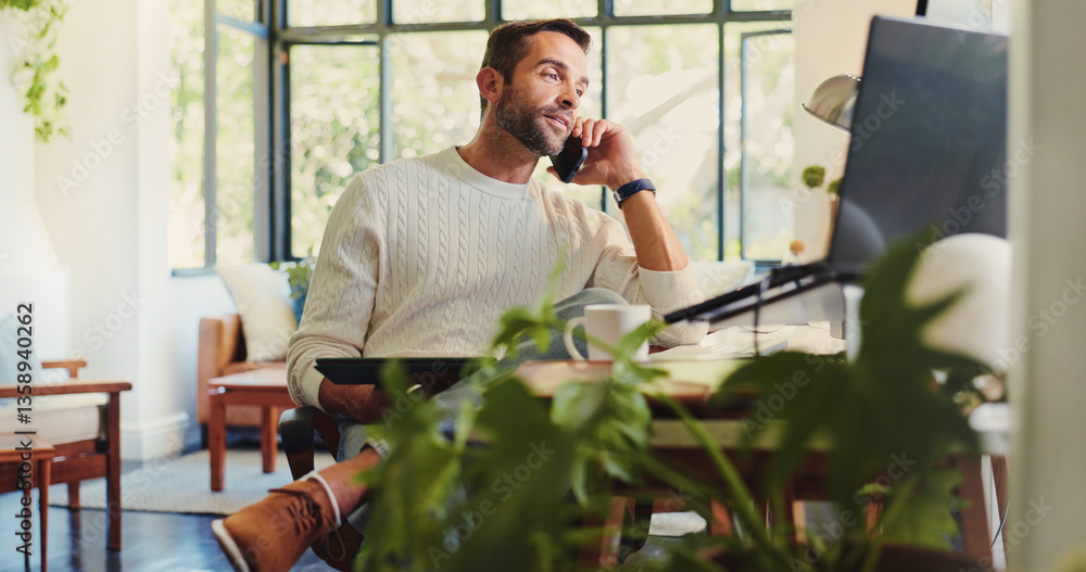 Aufkleber Remote work, computer and man with phone call for networking, discussion and planning with news source. Freelancer, male journalist and mobile with tablet for article questions, information and home