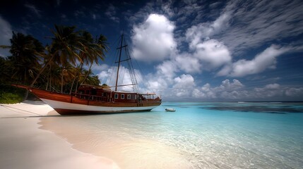 Obraz premium Wooden ship on tropical beach. Calm turquoise water, white sand and palm trees. Dramatic sky with clouds