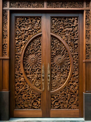 Ornate wooden double doors featuring intricate carvings and decorative handles.