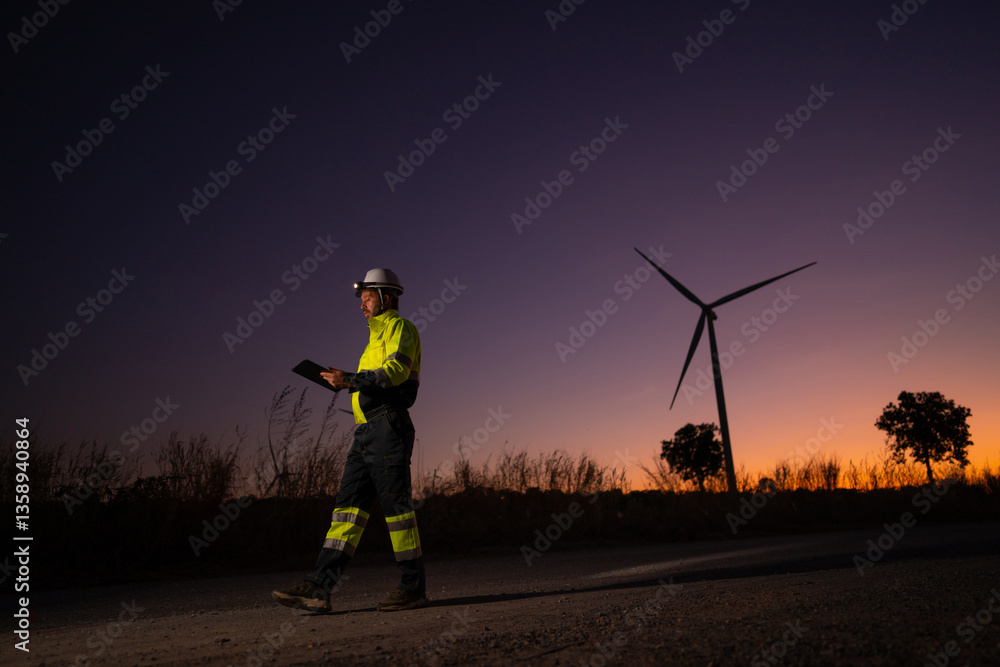 Aufkleber Engineer man working with tablet at windmill farm Generating electricity clean energy. Wind turbine farm generator by alternative green energy.