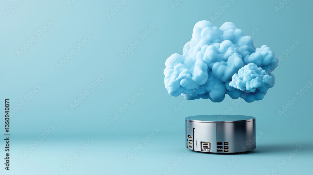 Aufkleber cloud base file storage cloud shaped object hovers over metallic server, symbolizing cloud computing