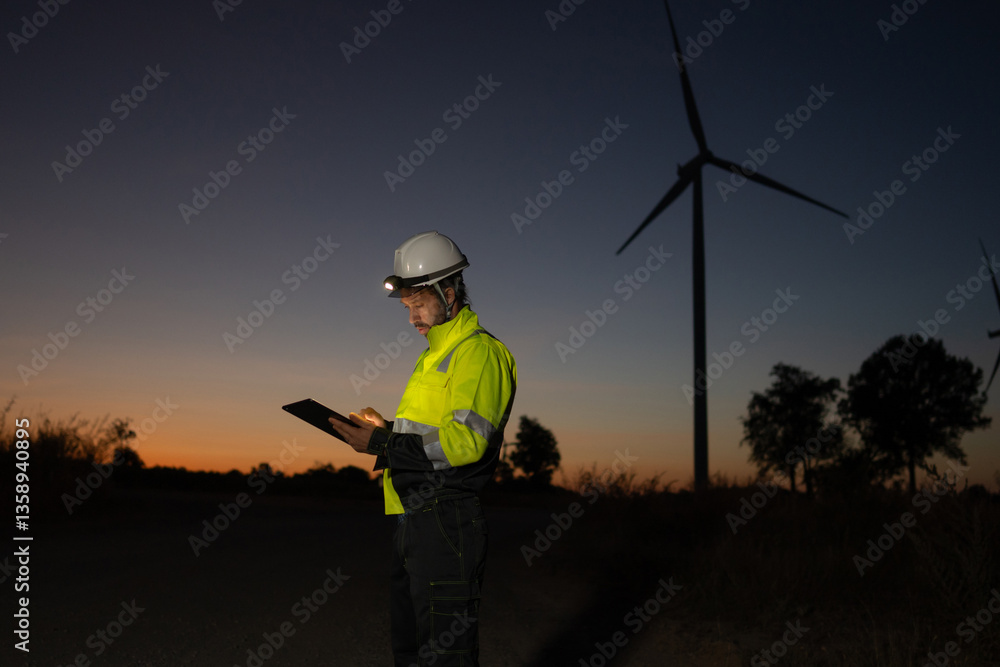 Poster Engineer man working with tablet at windmill farm Generating electricity clean energy. Wind turbine farm generator by alternative green energy.