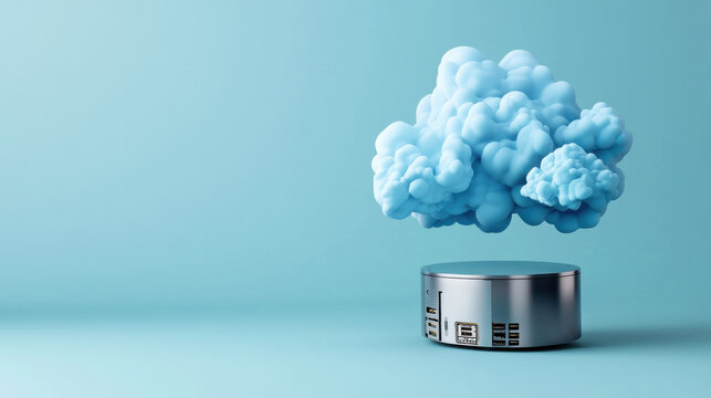 Cloud base file storage cloud shaped object hovers over metallic server, symbolizing cloud computing