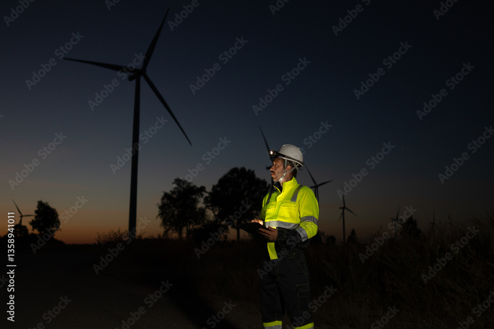 Poster engineer man working with tablet at windmill farm generating electricity clean energy. wind turbine 