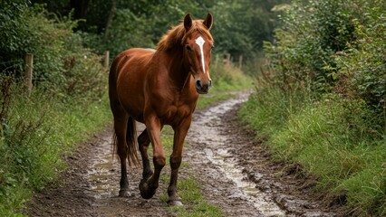 Fototapeta premium Chestnut horse walks on a muddy path through a green forest. Image conveys themes such as freedom, natural beauty, and animal well-being.