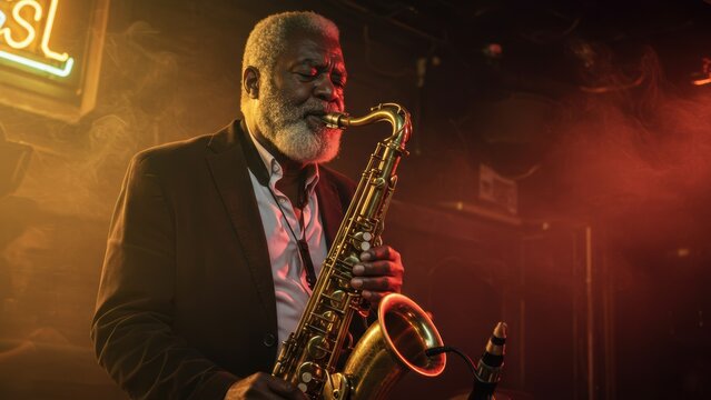 Senior African American musician plays saxophone in jazz club. Performance displays musical skill, passion, cultural expression, diversity, nostalgia.