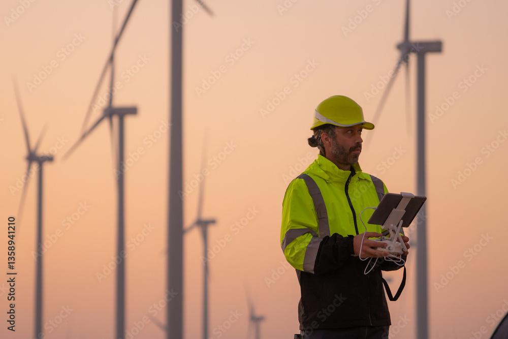 Poster engineers male flying drone surveying and checking wind turbines from the high angle view of the fie