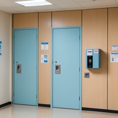 Modern Office Hallway with Light Blue Doors and Beige Walls