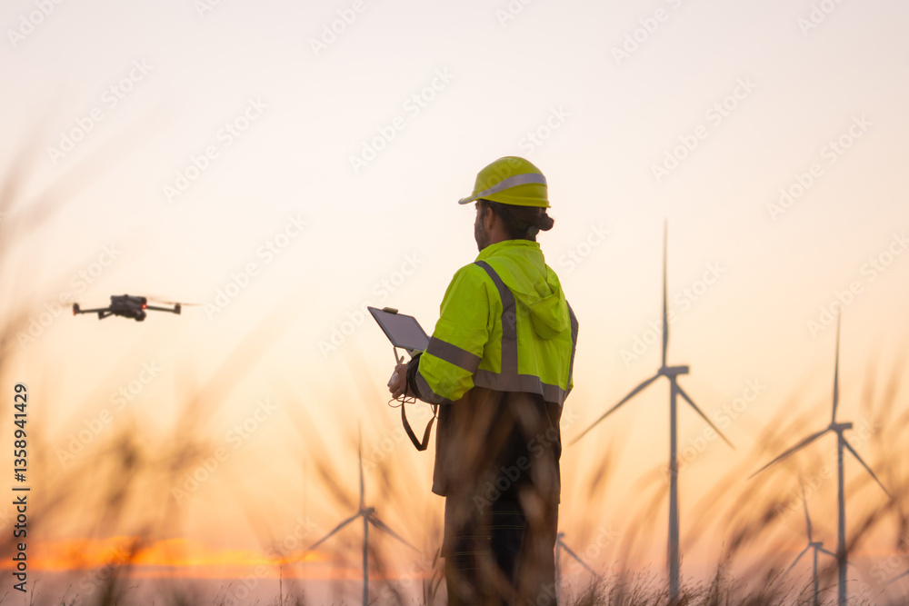Poster Engineers male flying drone surveying and checking wind turbines from the high angle view of the field during beautiful sunset. using drone technology for work.