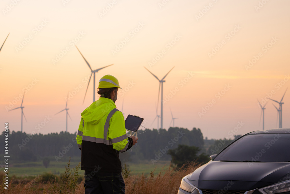 Aufkleber engineers male flying drone surveying and checking wind turbines from the high angle view of the fie