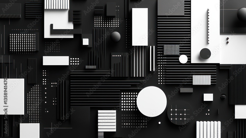 Poster monochrome geometric composition with playful arrangement showcasing circles squares and lines for m