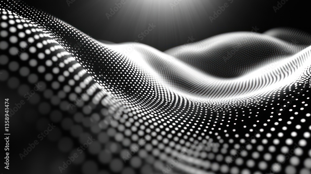 Poster undulating surface of shimmering dots creating a mesmerizing visual effect in a sleek black and whit