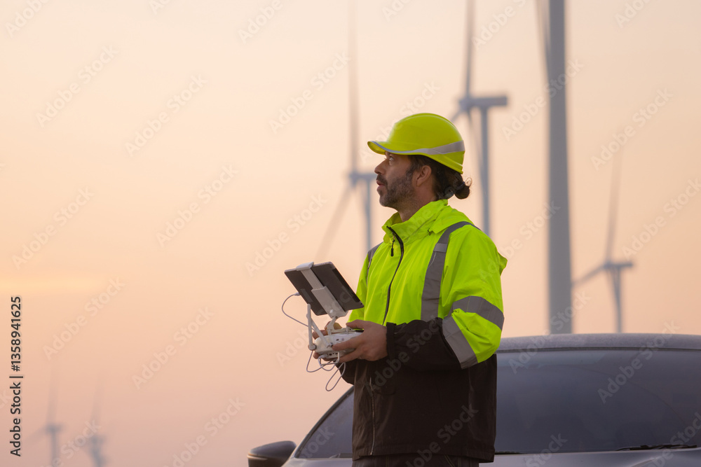 Aufkleber engineers male flying drone surveying and checking wind turbines from the high angle view of the fie
