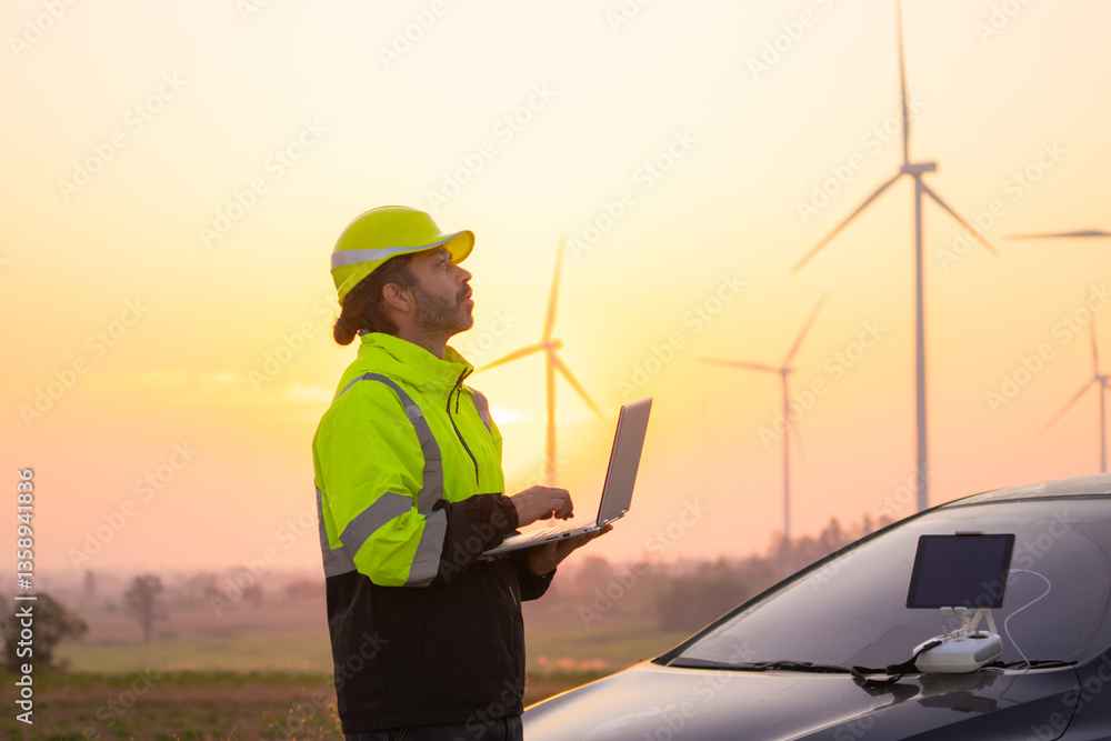 Aufkleber Engineer working on laptop in front of wind turbines for checking wind turbines of the field during beautiful sunset. Alternative energy concept.