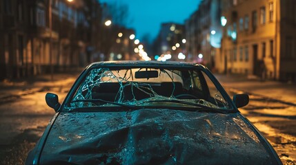 Damaged car with shattered windshield and scratched paint parked on a quiet street, depicting vehicle accident aftermath and insurance claim scenarios.