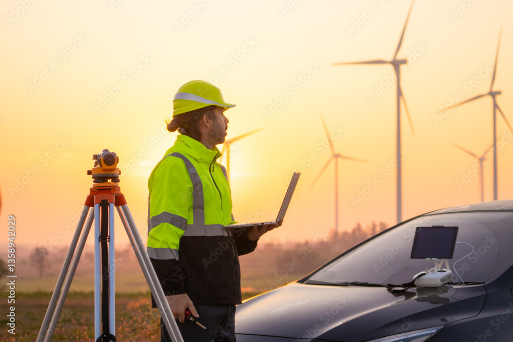 Aufkleber Engineer working on laptop in front of wind turbines for checking wind turbines of the field during beautiful sunset. Alternative energy concept.