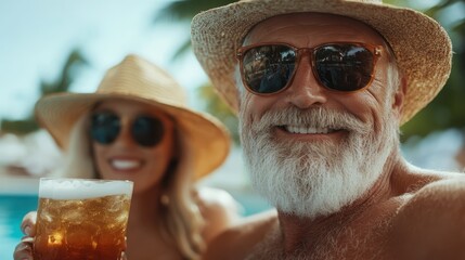 A happy couple relaxes by the pool, showcasing joy and togetherness while enjoying refreshing drinks under the sun, embodying the essence of summer leisure and happiness.