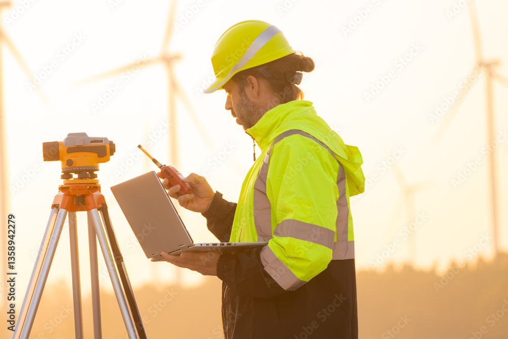 Leinwandbilder engineer working on laptop in front of wind turbines for checking wind turbines of the field during 