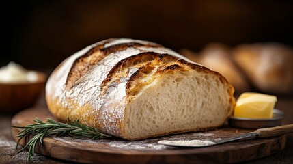 Slice of bread with butter on a wooden cutting board. The bread is cut in half and has a few pieces of rosemary on top