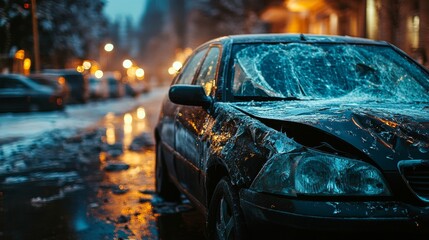 Damaged car with shattered windshield and scratched paint parked on a quiet street, depicting vehicle accident aftermath and insurance claim scenarios.