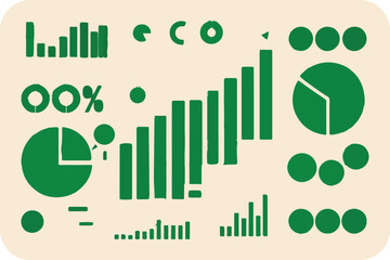 Collection of green graphic elements including charts, circles, and text 
