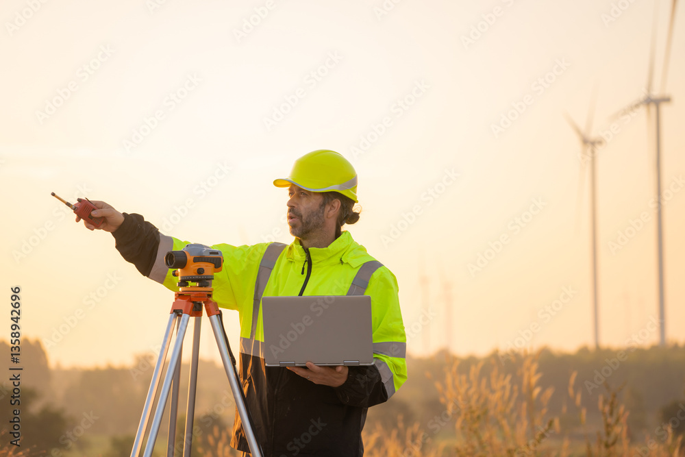 Aufkleber Engineer working on laptop in front of wind turbines for checking wind turbines of the field during beautiful sunset. Alternative energy concept.