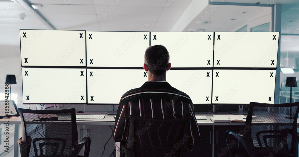 Poster Computer, man or space on screen in control room for trading, finance or stock market prices in night. Analysis, tracking markers or trader on monitor with back, mockup or technology in data center