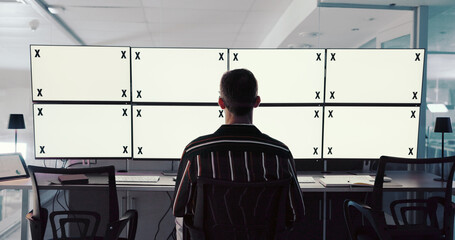 Computer, man or space on screen in control room for trading, finance or stock market prices in night. Analysis, tracking markers or trader on monitor with back, mockup or technology in data center