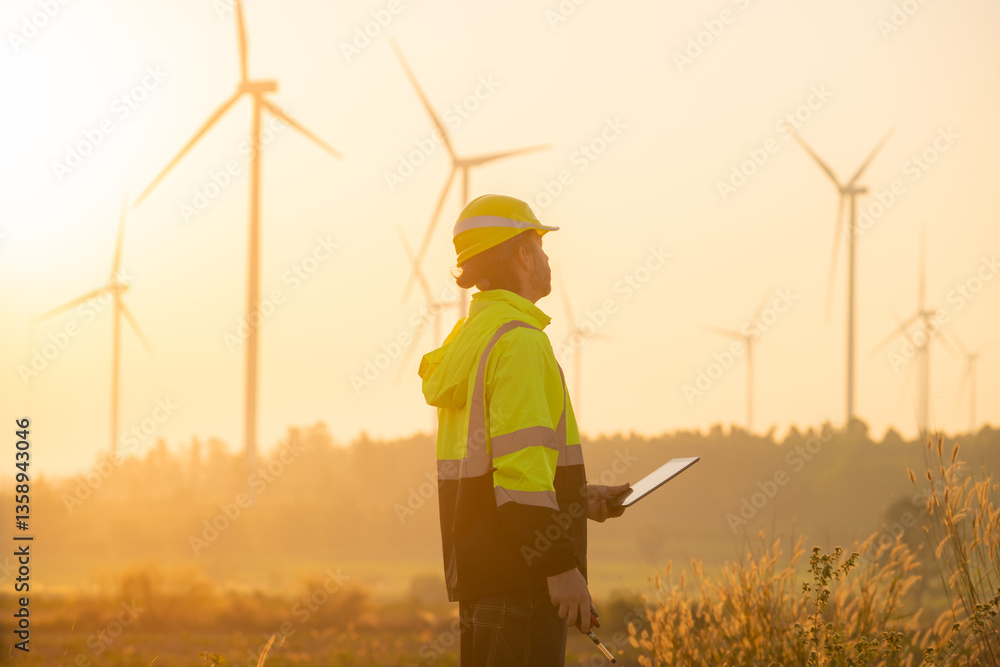 Aufkleber Engineer working on laptop in front of wind turbines for checking wind turbines of the field during beautiful sunset. Alternative energy concept.