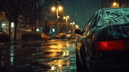 Damaged car with shattered windshield and scratched paint parked on a quiet street, depicting vehicle accident aftermath and insurance claim scenarios.