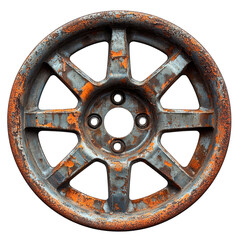 rusty metal wheel rim with eight spokes on white background
