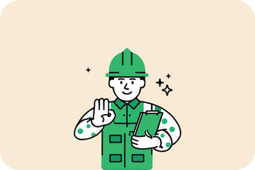Worker with clipboard and hand gesture, illustrating inspection, control, or safety in a modern, flat design style.
