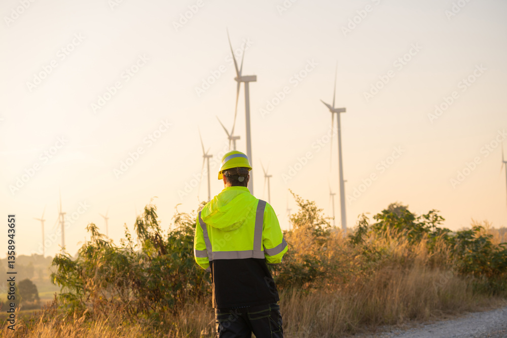 Poster engineer man working with tablet at windmill farm generating electricity clean energy. wind turbine 