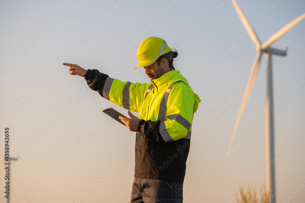 Poster engineer man working with tablet at windmill farm generating electricity clean energy. wind turbine 