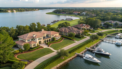 Naklejka premium A panoramic aerial view of a lakeside luxury neighborhood with grand estates, waterfront properties, and private yacht docks.