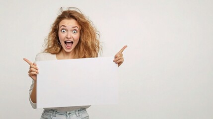 Naklejka premium Excited Young Woman Holding Blank Banner and Pointing Cheerfully
