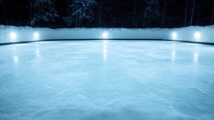 This stunning ice rink under the night sky presents a tranquil scene with snowy trees creating a peaceful atmosphere, perfect for those who cherish winter magic.