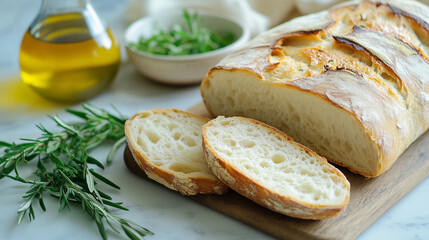 Naklejka premium Freshly baked bread loaves with herbs and olive oil resting on a wooden board in a cozy kitchen setting Generative AI