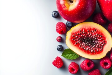 Close up of a fruit salad with a large red melon in the center. The fruit salad includes apples, raspberries, and blueberries