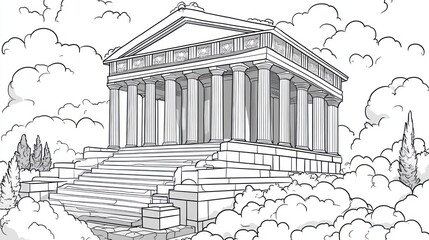Ancient Greek temple in cloudy sky. Coloring book illustration
