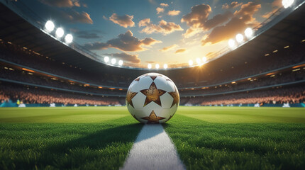 AI Generative. A realistic soccer stadium scene with a close-up of a champions league soccer ball perfectly placed on the white centerline of a lush green field. 7